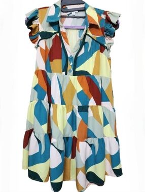 UMGEE Button Detail Ruffle Sleeve  Multicolor Abstract Tiered A-Line Mini Dress